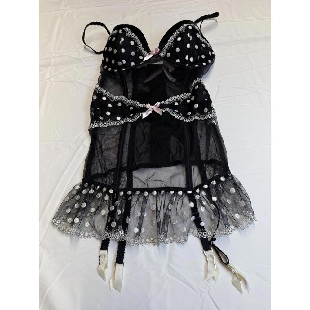 Pin Up Lingerie Victoria’s Secret BlackMesh Baby Doll Corset Polka Dots Lace NWT